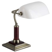 BANKIR Stolní lampa, bankéřská, základna kov, povrch mosaz-antik, detaily dřevo, stínítko sklo opál, pro žárovku 1x60W, E27 A60, 230V, IP20, tř.2, rozměry 335x180x240mm, s vypínačem