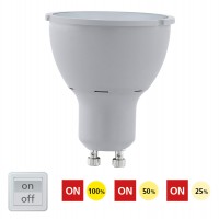 LM-GU10-COB LED 1X5W GU10 STMÍVATELNÁ Světelný zdroj žárovka bodová, těleso plast šedá, krycí sklo čiré, LED 4,8W, GU10, teplá 3000K/neutrál 4000K, 400lm, stmívatelná STEP vyp/zap vypínačem 100%, 50%, 25%, Ra80, 230V, stř život 25.000h, 15.000x zap/vyp, d=50mm h=60mm