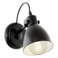 PRIDDY Nástěnná lampa, těleso kov, povrch černá mat, vnitřní bílá, pro žárovku 1x40W, E27, A60, 230V, IP20, zař.tř.1, stínítko d=155mm, odsazení 200mm, h=215mm