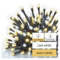 VT BASIC 100 LED, řetěz, bliká, IP44 Spojovatelný vnitřní/venkovní vánoční řetěz, 100 LED, z toho 80 LED teplá svítí stále, 20 LED studená blikající, svítící část l=10m, rozteč 0,1m, IP44, kabel černá, trafo SAMOSTANĚ