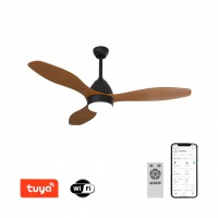 DEFERO venti 18W, TUYA-W Stropní ventilátor s osvětlením, kov, povrch černá, lopatky dřevo/bílá, dif plast opál, LED 18W, smart TUYA, WiFi, dálk ovl. nebo mob. tel. CCT nastav. teplota teplá 3000K-denní 6000K, 230V, IP20, tř.1, rozměry d=1200mm, h=540mm