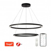 DEMERI 93W, TUYA-Z Závěsné svítidlo, kov, černá/zlatá, dif plast opál, LED 93W, 6975lm, smart TUYA, Matter, Zigbee 3.0, dálk ovl. nebo tel.  CCT nast teplota teplá 2700K - denní 6500K, stmív., 230V, IP20, d=800mm+600mm, závěs lanko l=1200mm