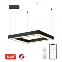 DENATUS HL 60W, TUYA-Z Závěsné svítidlo, kov, černá, dif plast opál, LED 60W, 4200lm, smart TUYA, Zigbee 3.0, dálk ovl. (souč.) nebo tel.  CCT nast teplota teplá 2700K - denní 6500K, stmív., 230V, IP20, rozměry 800x800mm, závěs lanko l=1500mm.