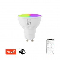 Smart bulb 6W GU10 Smart Tuya WiFi Světelný zdroj, žárovka, sklo a kov, LED 6W, 350lm, GU10, dálk ovl, nebo smart tel.TUYA WiFi, stmív., nast CCT, 2700K až 6500K, RGB, Ra80, 230V, životnost 25 000h, rozměry d=50mm, l=55mm