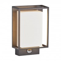 HIRVIO LED 8W, IP44, PIR Nástěnné venkovní svítidlo, PIR senzor pohybu dosah 10m, záběr 120°, čas 10s-8 min, hliník, povrch černá, difuzor plast opál, LED 8W, 550lm, teplá 2700K, 230V, IP44, tř.1, rozměry 221x147mm