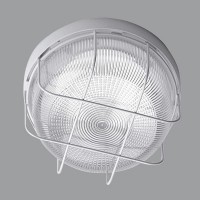  Stropní svítidlo, s ochranným košem, základna polykarbonát, barva bílá/hnědá, kryt polykarbonát čirý s drážkami, pro žárovku 1x60W/E27, nebo LED, 230V, IP53, zař. tř.2, d=220mm, h=115mm
