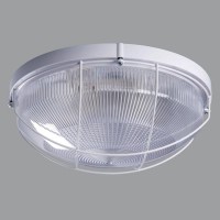  Stropní svítidlo, s ochranným košem, základna polykarbonát, barva bílá, kryt polykarbonát čirý s drážkami, pro žárovku 2x60W/E27, nebo LED, 230V, IP65, zař. tř.2, d=310mm, h=120mm
