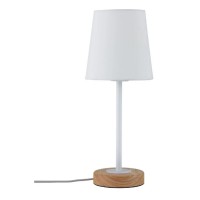 STELLAN Stolní lampa, těleso kov bílá a dřevo světlé, stínítko textil bílá, 1x20W, E27, 230V, IP20, tř.2, rozměry d=155mm, h=400mm, vypínač na kabelu.