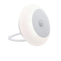 VIBY Noční svítidlo, pohybový senzor, těleso plast, bílá, difuzor plast opál, LED 0,7W, 40lm, teplá 3000K, napájení 3x1,5V AA baterie, IP20, tř.3, rozměry d=120mm, h=40mm.