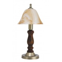 RUSTIC Stolní lampa s objímkou, těleso kov a dřevo tmavé, povrch antická bronz, stínítko sklo hnědá, pro žárovku 1x40W, E14, 230V, IP20, tř.1, rozměry d=180mm, h=375mm, vypínač na kabelu.