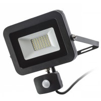 PONTA-SENSOR-LED Venkovní svítidlo reflektor světlomet se senzorem pohybu PIR, záběr 160°/160°, soumrak 10lx-1000lx, dosah až 10m, těleso kov lak černá mat, krycí sklo čiré, LED 1x30W, teplá 3000K, 2700lm, 230V, IP54, tř.1. rozměry 195x265x30mm