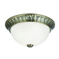 FLUSH Stropní přisazené svítidlo, základna kov, těleso kov, povrch mosaz antická zašlá s ornamenty, difuzor sklo opál, pro žárovku 2x7W, E14, 230V, IP20, tř.1. rozměry d=280mm h=130mm
