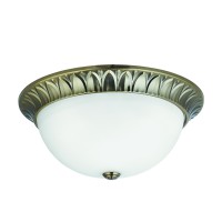 FLUSH Stropní přisazené svítidlo, základna kov, těleso kov, povrch mosaz antická zašlá s ornamenty, difuzor sklo opál, pro žárovku 3x7W, E14, 230V, IP20, tř.1. rozměry d=380mm h=170mm