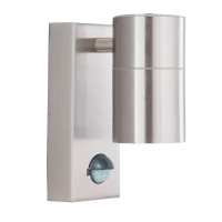 GRINDARA LED 1X3W GU10 PIR ČIDLO Venkovní nástěnné svítidlo s čidlem pohybu PIR, záběr 120°, dosah až 10m, čas sepnutí 10s-10min, soumrak 10-1000lx, těleso nerez, sklo čiré, LED 1x3W, GU10, teplá 3000K, 270lm, 230V, IP44, tř.1. rozměry 150x70x110mm, svítí dolů