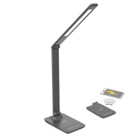 MENY LED 10W nabíjení Stolní lampa, vyklápěcí rameno, těleso kov, povrch šedá, LED 10W, 400lm, dotyk. CCT nastav teplota 3000K-6000K, stmív., 230V, IP20, 350x40x7mm, vč. bezdrátové nabíjení na telefon