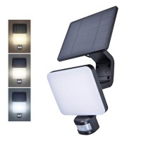 LED solar 11W IP54 Nástěnné venkovní svítidlo, černá, PIR senzor pohybu, záběr 160°, dosah 8m, LED 11W, 1200lm, přepín CCT teplota teplá 3000K-denní 6000K, napájení solární panel, IP54, 160x185x40mm.