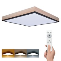 WOODS SQ, 40W, CCT Stropní svítidlo, rámeček dřevo světlé, difuzor plast opál, LED 40W, 3000lm, dálkovým ovladačem stmívatelné, CCT nast teplota teplá 3000K, - denní 6400K, Ra80, 230V, IP20, rozměry 450x450x75mm