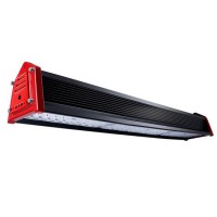HIGHBAY 150W IP65 1-10V Závěsné průmyslové svítidlo, těleso kov, povrch černá a červená, krycí plast čirý, LED 150W, 19500lm, denní 5000K, stmív. 1-10V, UGR<23, Ra80, vyzař. úhel 30°/70°, 230V, IP65, rozměry 722x138x116mm.
