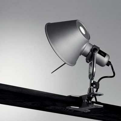 TOLOMEO MICRO PINZA Lampa s klipem (skřipec), základna hliník, povrch leštěný hliník, stínítko matný hliník, 8W, LED teplá 3000K, 230V, IP20, 200x160mm, s vypínačem