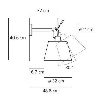 TOLOMEO PARETE DIFF. Nástěnná lampa, těleso leštěný hliník, pro žárovku 1x150W, E27, 230V, IP20, l=320mm, POUZE TĚLESO BEZ STÍNÍTKA