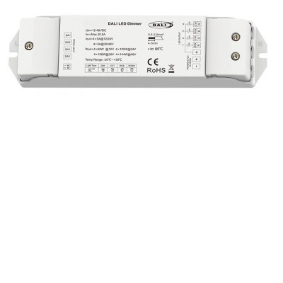 4CH, DALI to RGBW 4CH, Ovladač pro RGBW LED pásky, vstup 12-24V 20,5A, 5A/ch, 4x60W/12V, 4x120W/24V, 36-48V 3A/ch, 4x144W/48V, stmívatelný DT8 DALI/PWM 2kHz, nebo 8kHz, IP20, rozměry 175x45x27mm