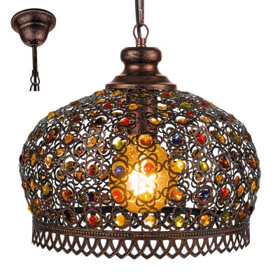 PODAS 1x60W E27 VÝPRODEJ Závěsné svítidlo lustr, těleso kov, povrch antická měděná, stínítko sklo barevné, detail ornamentů, pro žárovku 1x60W, E27, A60, 230V, IP20, tř.1, rozměry d=330mm, vč zav řetězu l=1100mm l