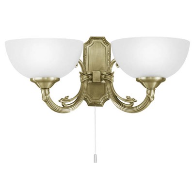 SAVOY VÝPRODEJ Nástěnné svítidlo, základna mosaz lesk zlatá, difuzor sklo mat, pro žárovku 2x40W, E14, 230V, IP20, 410x160x210mm, s tahovým vypínačem.