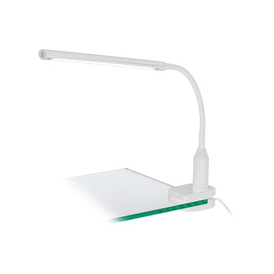 LAROA Stolní lampa, flexibilní rameno, husí krk, těleso plast, povrch bílá/černá, difuzor plast opál, LED 4,5W, 550lm, neutrální 4000K, 230V, IP20, tř.2, rozměry 450x65x275mm, dotykový stmívač a vypínač, úchyt na klip skřipec