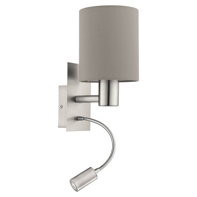 PASTERI VÝPRODEJ Nástěnné svítidlo, flexi rameno, husí krk, základna kov nikl mat, stínítko textil šedohnědá, pro žárovku 1x40W, E27 + LED 3,5W, 380lm, teplá 3000K, 230V, IP20, tř.1, 150x380x195mm, vč vypí