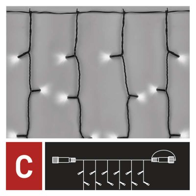 VZ BASIC 100 LED, závěs, bílá, sv. stále, 1x2m VÝPRODEJ Spojovatelný vnitřní/venkovní vánoční závěs, 100 LED, studená, svítí stále, svítící část š=1m, l=2m, rozteč 0,1m, IP44, kabel černá, trafo SAMOSTANĚ