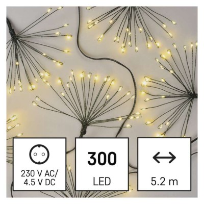 VR řetez trsy, 150 LED, 2,3m Vánoční nano řetěz, trsy, vnitřní, stále svítící, 150 LED, teplá, svítící část l=2,3m, přívodní kabel zelený l=3m, vč. Adaptéru 230V, IP44, časovač 6h/18h nebo stále