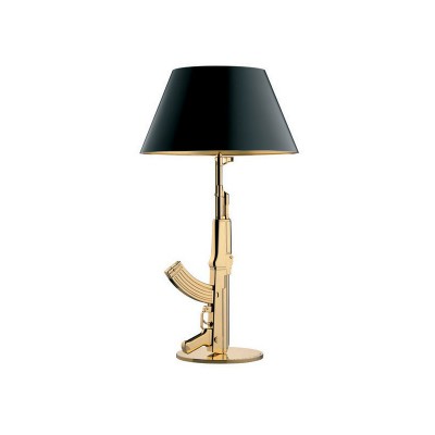 TABLE GUN Stolní lampa, těleso hliník, povrch pozlacená 18K nebo chrom lesk, stínítko papírové vnější černé - vnitřní zlaté nebo vnější bílé - vnitřní šedé, pro žárovku 1x105W, E27, A60, 230V, IP20, tř.2, rozměry h=924mm, vč. stmívače