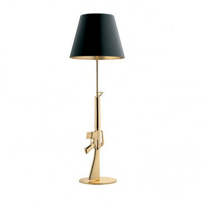 LOUNGE GUN Stojací lampa, těleso hliník, povrch pozlacená 18K nebo chrom lesk, stínítko papírové vnější černé - vnitřní zlaté nebo vnější bílé - vnitřní šedé, pro žárovku 1x205W, E27, A60, 230V, IP20, tř.2, rozměry h=1694mm, vč. stmívače