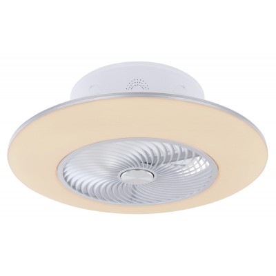 CALW Stropní ventilátor s osvětlením, těleso kov, povrch bílá a stříbrná, difuzor plast opál, LED 40W, 1900lm,  CCT přepín teplota teplá 3000K, neutr 4500K, denní 6000K, stmív, rozměry d=580mm, h=230mm.