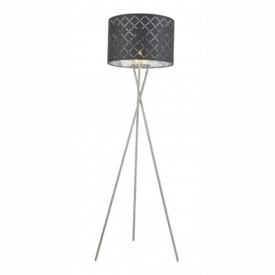 KIDAL Stojací lampa, trojnožka, zákl kov, povrch nikl mat, stín textil šedá/stříbrná, detail malých otvorů, pro žár 1x60W, E27, 230V, IP20, tř.1, rozměry zákl d=620mm, stín d=450mm, h=1600mm, vč vypínače