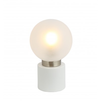 MARKA Stolní lampa, těleso kov, povrch bílá s detaily niklu, stínítko sklo opál, pro žárovku 1x25W, E14, 230V, IP20, tř.1, rozměry d=150mm, h=245mm, vypínač na kabelu.