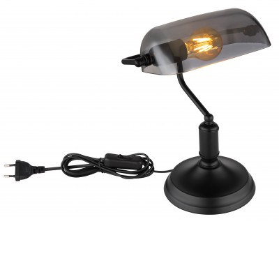 ANTIQUE Bankéřská lampa, základna kov, povrch černá mat, stínítko sklo kouřové, pro žárovku 1x60W, E27, 230V, IP20, tř.1, rozměry 250x320x160mm, vypínač na kabelu.