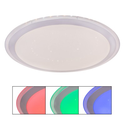 CARRY Stropní svítidlo, těleso kov povrch bílá, dif plast opál se třpyt. efektem, LED 30W, 3500lm, Tuya CCT nastav. teplota teplá 3000K - denní 6500K, stmív, RGB, 230V, Ra80, IP20, rozměry d=530mm, h=83mm.