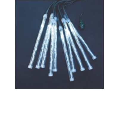 10KS VÁNOČNÍ RAMPOUCHY 100 LED EFEKT SNĚŽENÍ IP44 Vánoční osvětlení, 10x rampouch/trubice délka 18cm, EFEKT SNĚŽENÍ, 100xLED, 6W, studená bílá, svítící část, délka 7,2m, rozteč 80cm, přívodní kabel zelený 4m, vč. adaptéru 230V, IP44