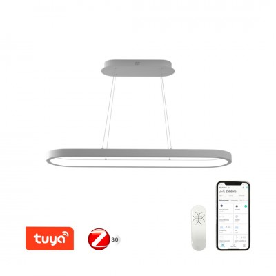 DEBEO HL 42W, TUYA-Z závné svítidlo, kov, bílá, dif plast opál, LED 42W, smart TUYA, Matter, Zigbee 3.0, dálk ovl. (souč.) nebo tel.  CCT nast teplota teplá 2700K-denní 6500K, stmív, 230V, 1200x40x300mm, záv l=1200mm