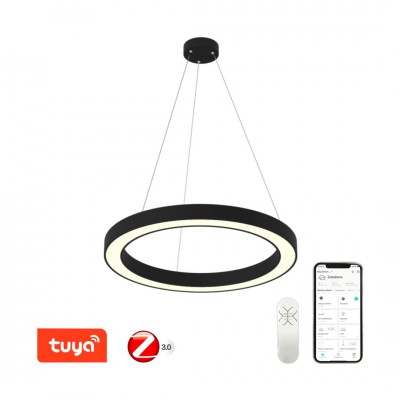 DECESSU HL 52W, TUYA-Z Závěsné svítidlo, kov, černá, dif plast opál, LED 52W, smart TUYA, Matter, Zigbee 3.0, dálk ovl. (souč) nebo tel.  CCT nast teplá 2700K-denní 6500K, stmív 230V, d=600mm, záv lanko l=1200mm