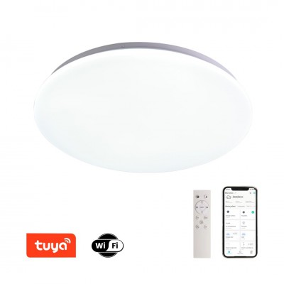 DEICO 36W, TUYA-W Stropní svítidlo, těleso kov, povrch bílá, dif plast opál, LED 36W, 1680lm, smart TUYA, WiFi, dálk ovl. (souč) nebo mob. tel. CCT nast teplá 2700K-denní 6500K, stmív 230V, d=450mm, h=60mm