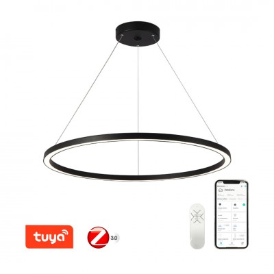 DEMERI LED 60W, TUYA-Z Závěsné svítidlo, kov, černá/zlatá, dif plast opál, LED 60W, 4200lm, smart TUYA, Matter, Zigbee 3.0, dálk ovl. (souč.) nebo tel.  CCT nast teplota teplá 2700K - denní 6500K, stmív., 230V, IP20, d=800mm, závěs lanko l=1200mm