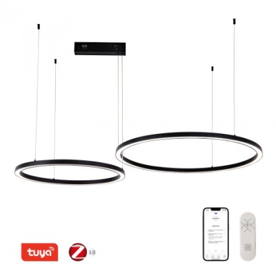 DENOVO 93W, TUYA-Z Závěsné svítidlo, kov, černá, dif plast opál, LED 93W, 6975lm, smart TUYA, Zigbee 3.0, dálk ovl. nebo tel.  CCT nast teplá 2700K-denní 6500K, stmív 230V, d=800mm+600mm, záv lanko l=1500mm