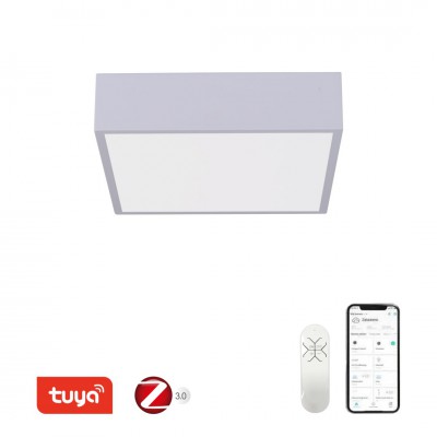 DEBELO 22W, TUYA-Z Stropní svítidlo, těleso kov, bílá, dif plast opál, LED 22W, 1610lm, smart TUYA, Matter, Zigbee 3.0, dálk ovl. (souč) nebo mob. tel. CCT nast teplá 2700K-denní 6500K, stmív 230V, 280x280x70mm