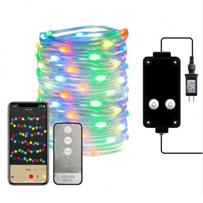 Chain 160x LED RGB smart Tuya VÝPRODEJ Venkovní vánoční řetěz, 160x LED RGB 9W,  fce svítí, nebo mění barvy, ovl smart telefon Tuya, WiFi, 230V, IP44, napájecí adapter IP20, svítící část l=16m