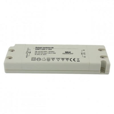 LED zdroj 12V, 18W SELV Napájecí zdroj pro LED osvětlení, vstup 230V, výstup 12V, 3-18W, 1,5A, SELV, Tc 85°C, ochr /zkrat, přetížení 145x50x20mm