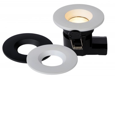 SVANEKE Stropní, podhledové bodové svítidlo, těleso kov, vyměnitelný povrch černá a bílá, LED 6,5W, 500lm, teplá 3000K, 230V, stmívatelené, do koupelny IP65, tř.1. rozměry d=88mm.