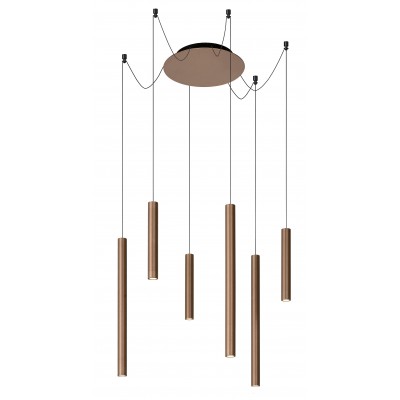 VILARO II Závěsné svítidlo, těleso kov, povrch saténová měď, LED 6x4W, 6x100lm, teplá 3000K, stmívatelné DIM, 230V, IP20, rozměry hlavice: d=34mm, h=250mm/495mm, vč. závěs kabelu h=1300mm, lze zkrátit.