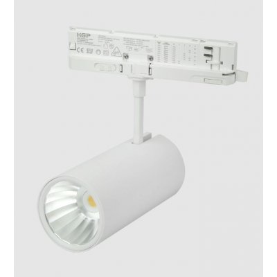 GOES 14-29W CCT Bodové svítidlo, do 3-fázové lišty, nast. směr svícení, hliník, bílá, přepín. LED 14-29W, 1442-3195lm, přepín CCT teplá 3000K/neutr 4000K/denní 6000K, vyzař. úhel 36/60°, 230V, tř.2, d=77mm, h=245mm